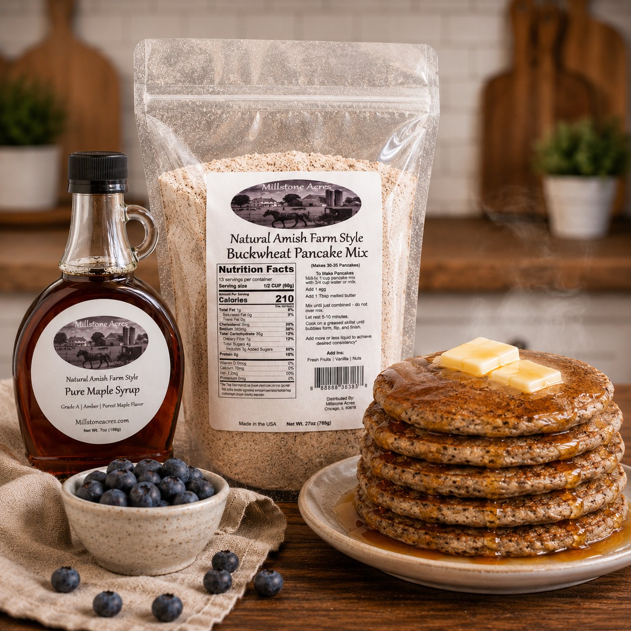 Millstone Acres Buckwheat Pancake Mix with fluffy buckwheat pancakes, blueberries, butter, and Pure Maple Syrup.