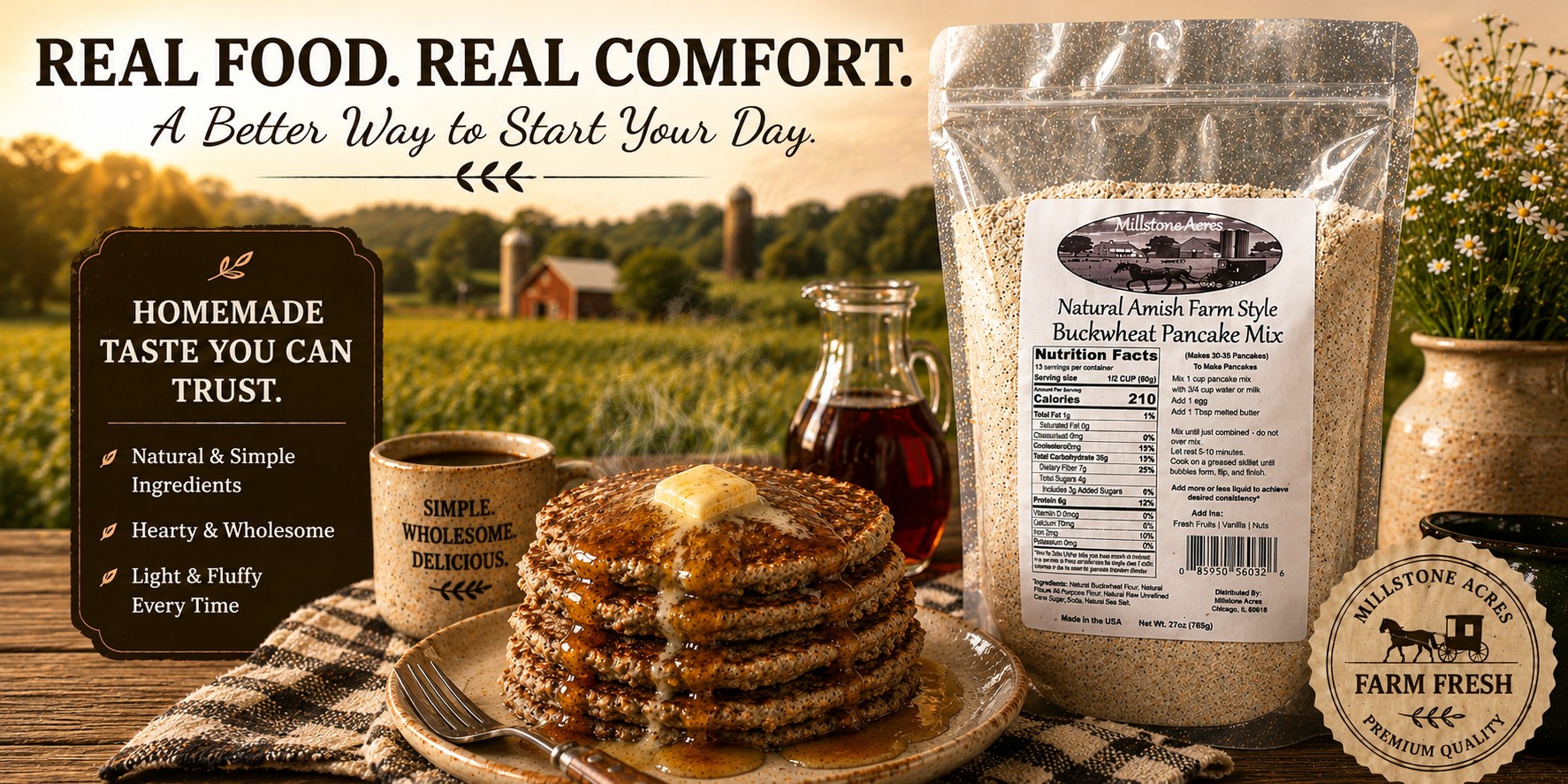 Millstone Acres Buckwheat Pancake Mix with hearty buckwheat pancakes, butter, pure maple syrup, and a farmhouse breakfast setting.