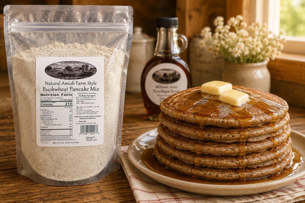 Millstone Acres Buckwheat Pancake Mix package beside a stack of hearty buckwheat pancakes topped with melting butter and maple syrup in a bright farmhouse kitchen.