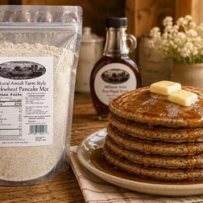 Millstone Acres Buckwheat Pancake Mix package beside a stack of hearty buckwheat pancakes topped with melting butter and maple syrup in a bright farmhouse kitchen.