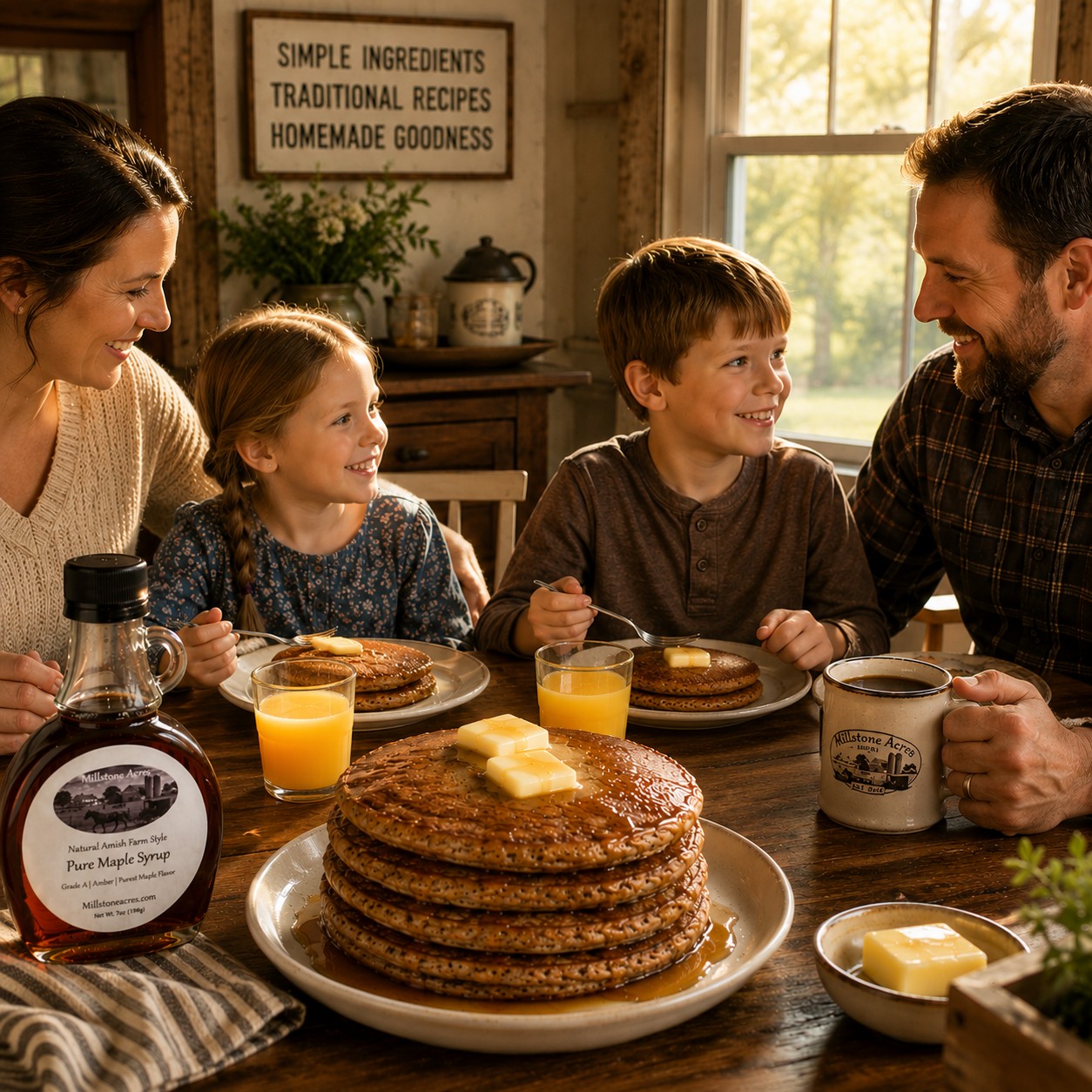 Family enjoying a farmhouse breakfast with homemade buckwheat pancakes, butter, pure maple syrup, and fresh coffee.
