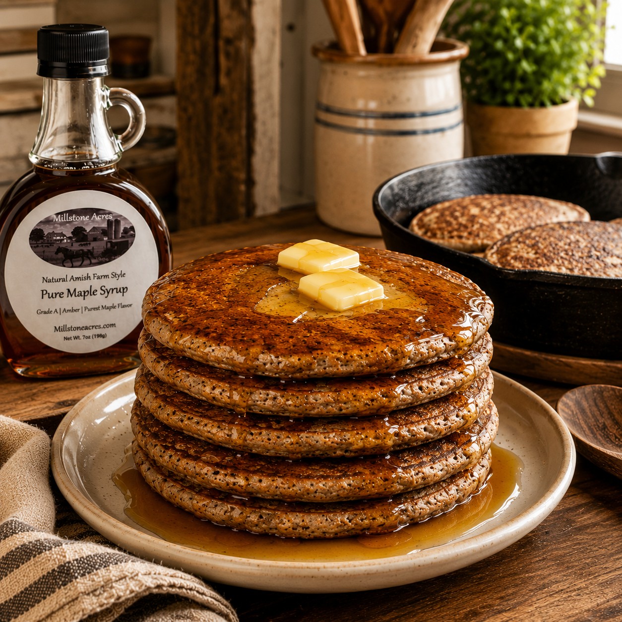 Hot buckwheat pancakes with melted butter and Millstone Acres Pure Maple Syrup in a farmhouse kitchen.