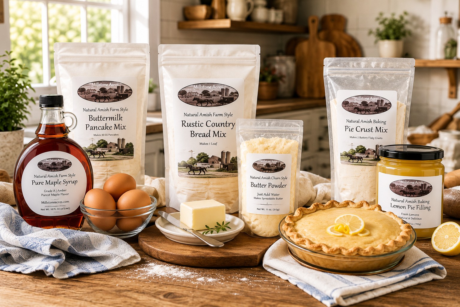 Millstone Acres baking and breakfast bundles featuring pancake mix, maple syrup, bread mix, butter powder, pie crust mix, and pie filling