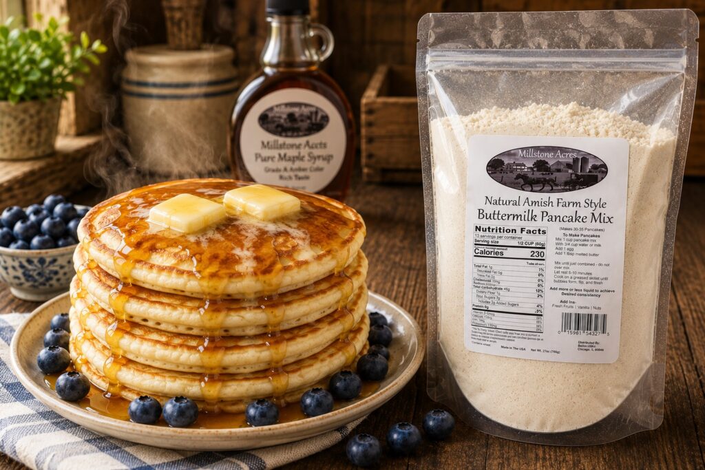Millstone Acres Buttermilk Pancake Mix package beside a stack of fluffy buttermilk pancakes with melting butter, maple syrup, and fresh blueberries in a bright farmhouse kitchen.