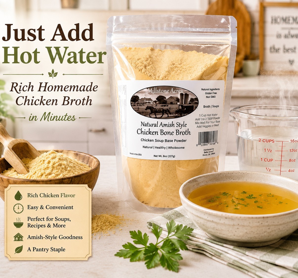 Millstone Acres Chicken Bone Broth Soup Base Mix with broth powder, hot water, and prepared chicken broth in a bright homestyle kitchen.