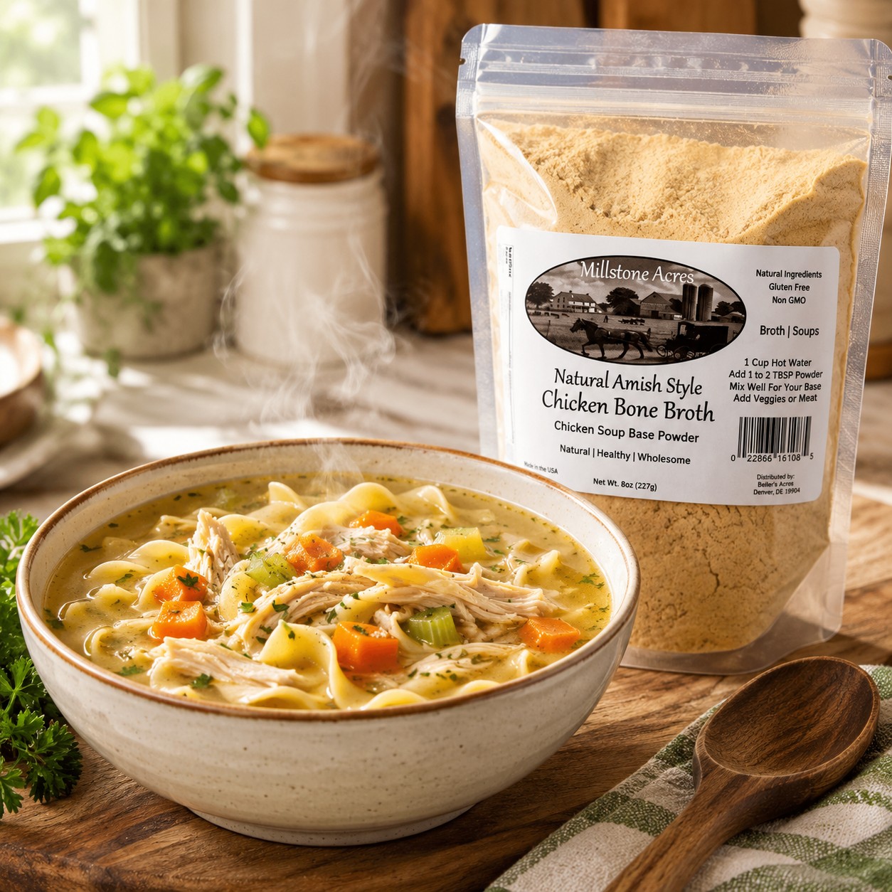 Millstone Acres Chicken Bone Broth Soup Base Mix beside a steaming bowl of homemade chicken noodle soup with chicken, noodles, and vegetables.