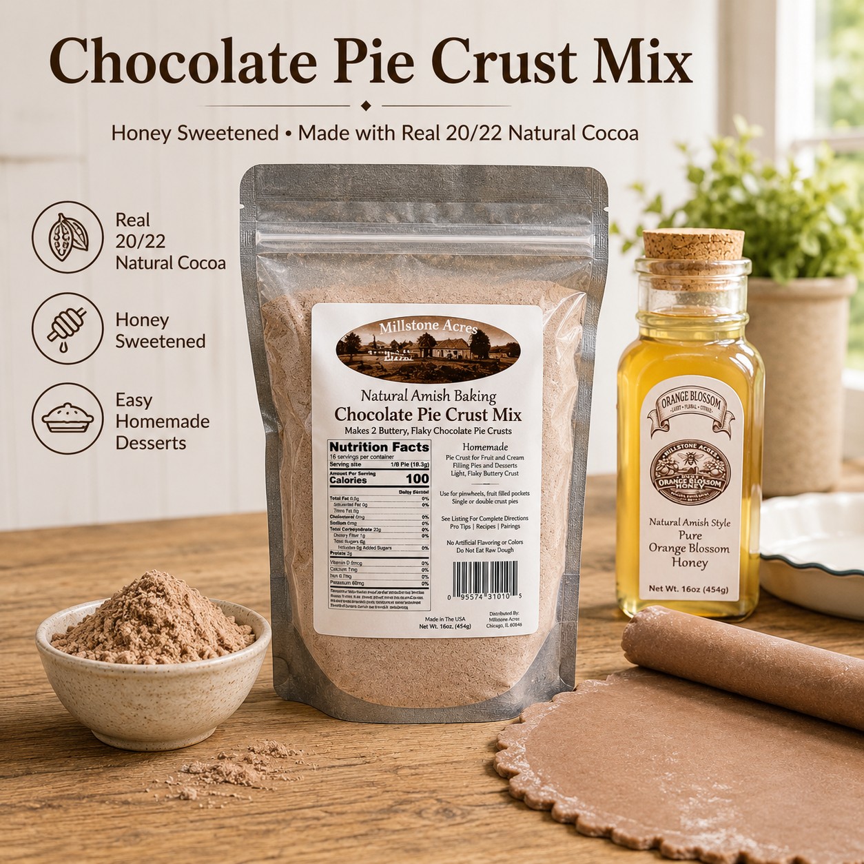 Millstone Acres Chocolate Pie Crust Mix made with premium 20/22 Dutch-processed cocoa powder and honey