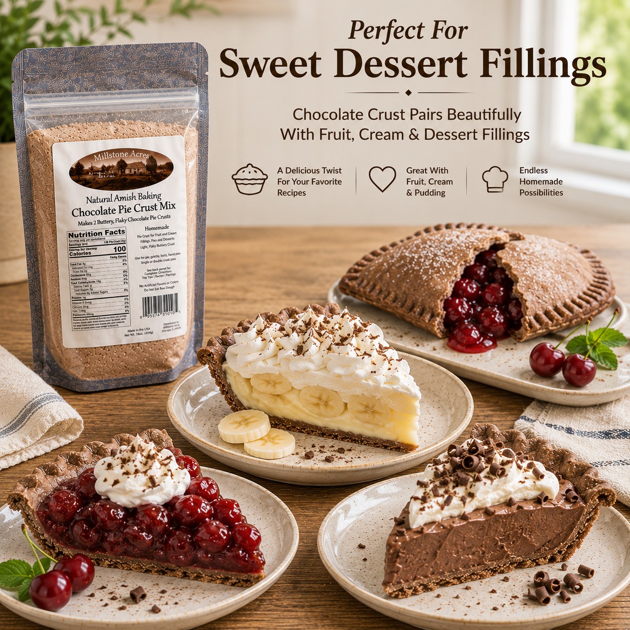 Chocolate pie crust desserts including banana cream pie, cherry pie, chocolate cream pie, and cherry hand pie