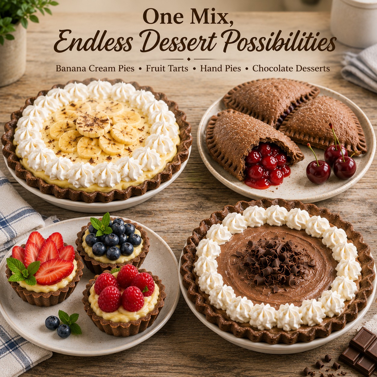 Banana cream pie, cherry hand pies, fruit tartlets, and chocolate cream pie made with Chocolate Pie Crust Mix
