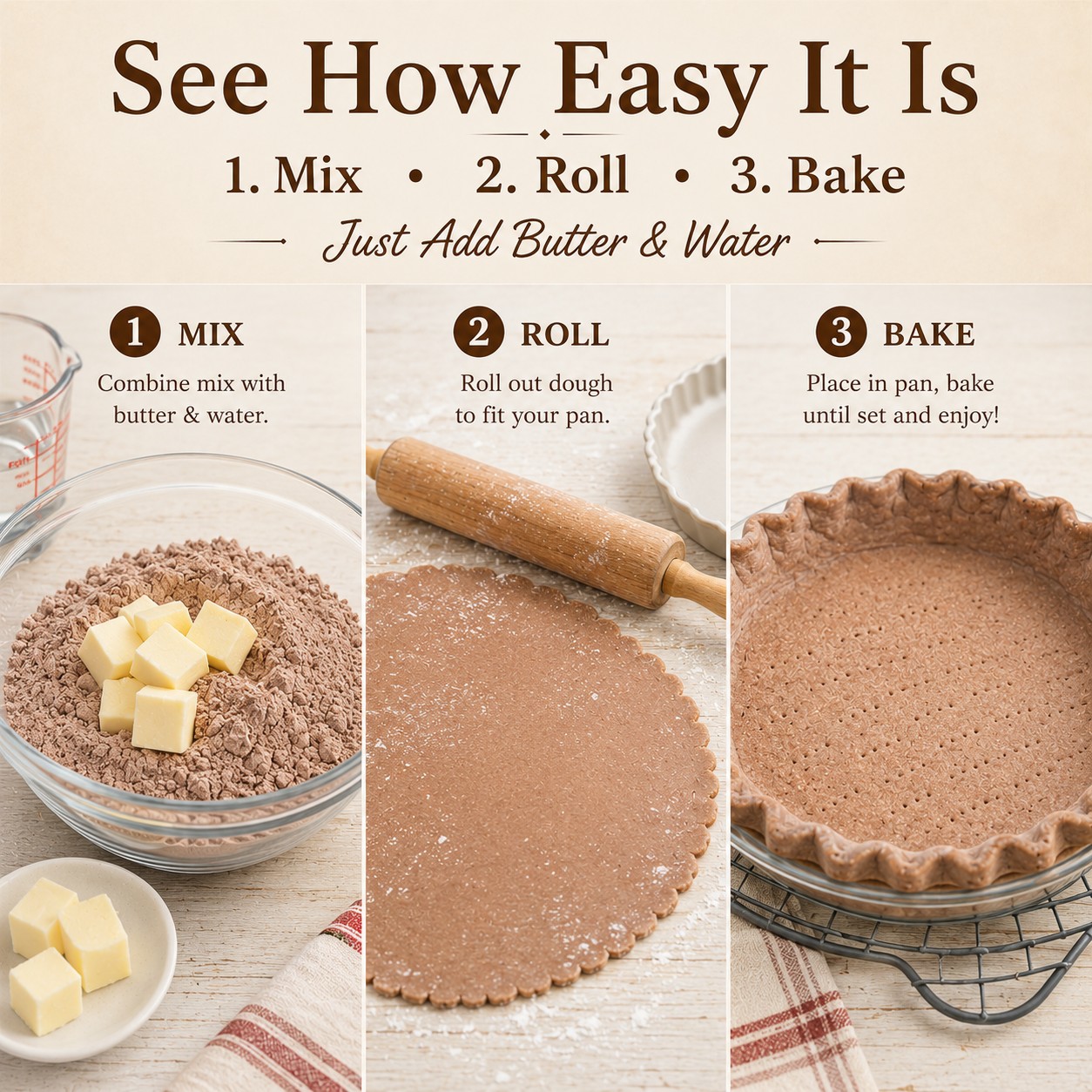 Preparing Chocolate Pie Crust Mix by mixing, rolling, and baking homemade chocolate pie crust