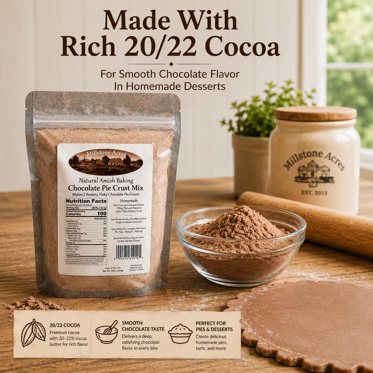 Millstone Acres Chocolate Pie Crust Mix made with rich 20/22 Dutch-processed cocoa powder for homemade desserts