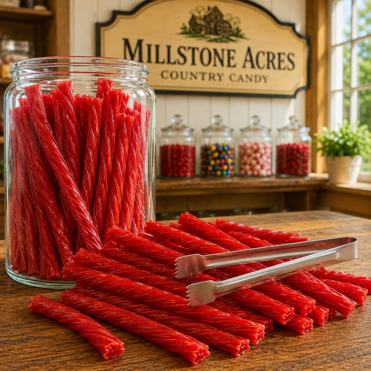 Cinnamon Licorice Twists displayed beside a candy jar with traditional candy-store serving tongs
