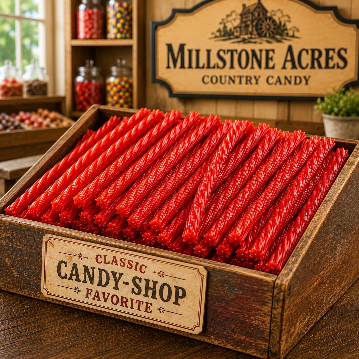 Cinnamon Licorice Twists displayed in a vintage wooden candy bin inside a country candy shop