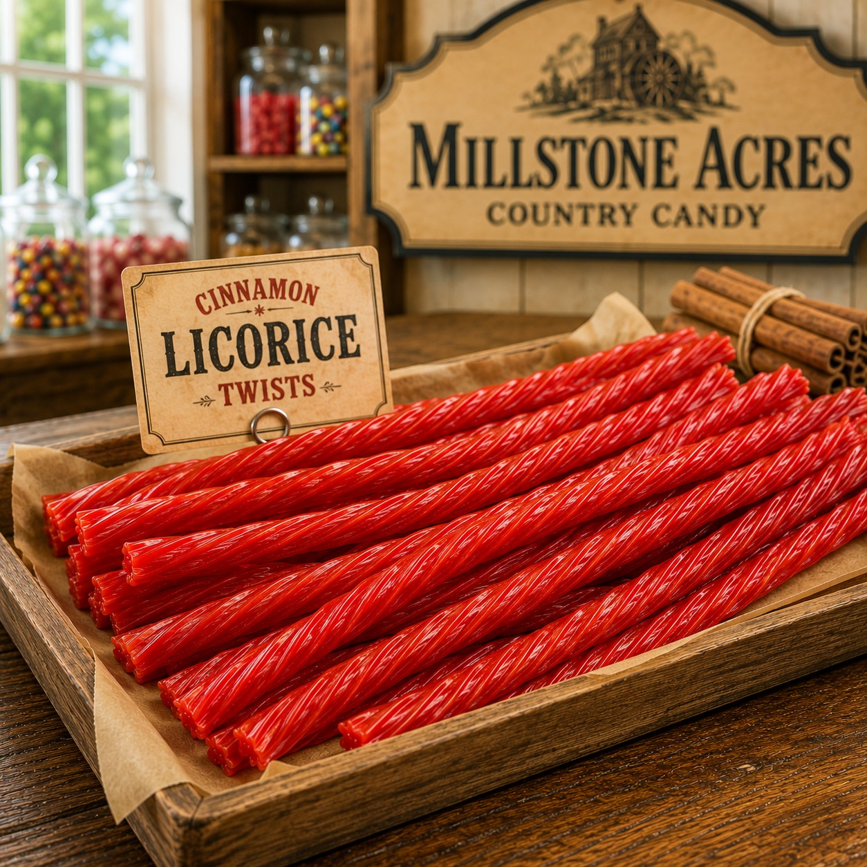 Cinnamon Licorice Twists displayed in a rustic candy tray with a vintage flavor card