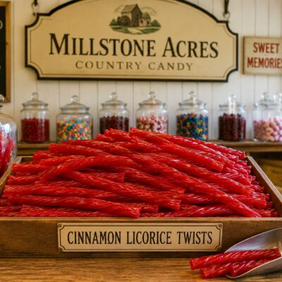 Cinnamon Licorice Twists displayed in a rustic country candy shop with vintage candy jars and Millstone Acres signage