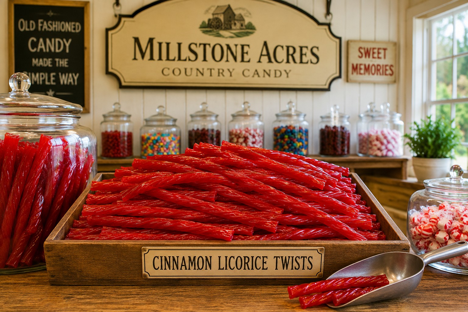 Cinnamon Licorice Twists displayed in a rustic country candy shop with Millstone Acres signage