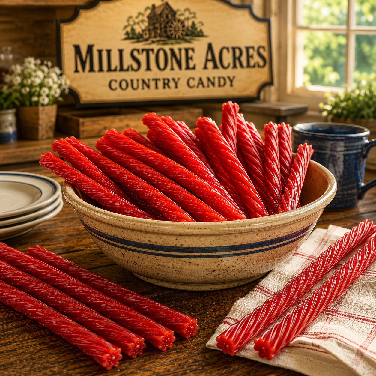 Cinnamon Licorice Twists displayed in a farmhouse candy bowl on a family gathering table