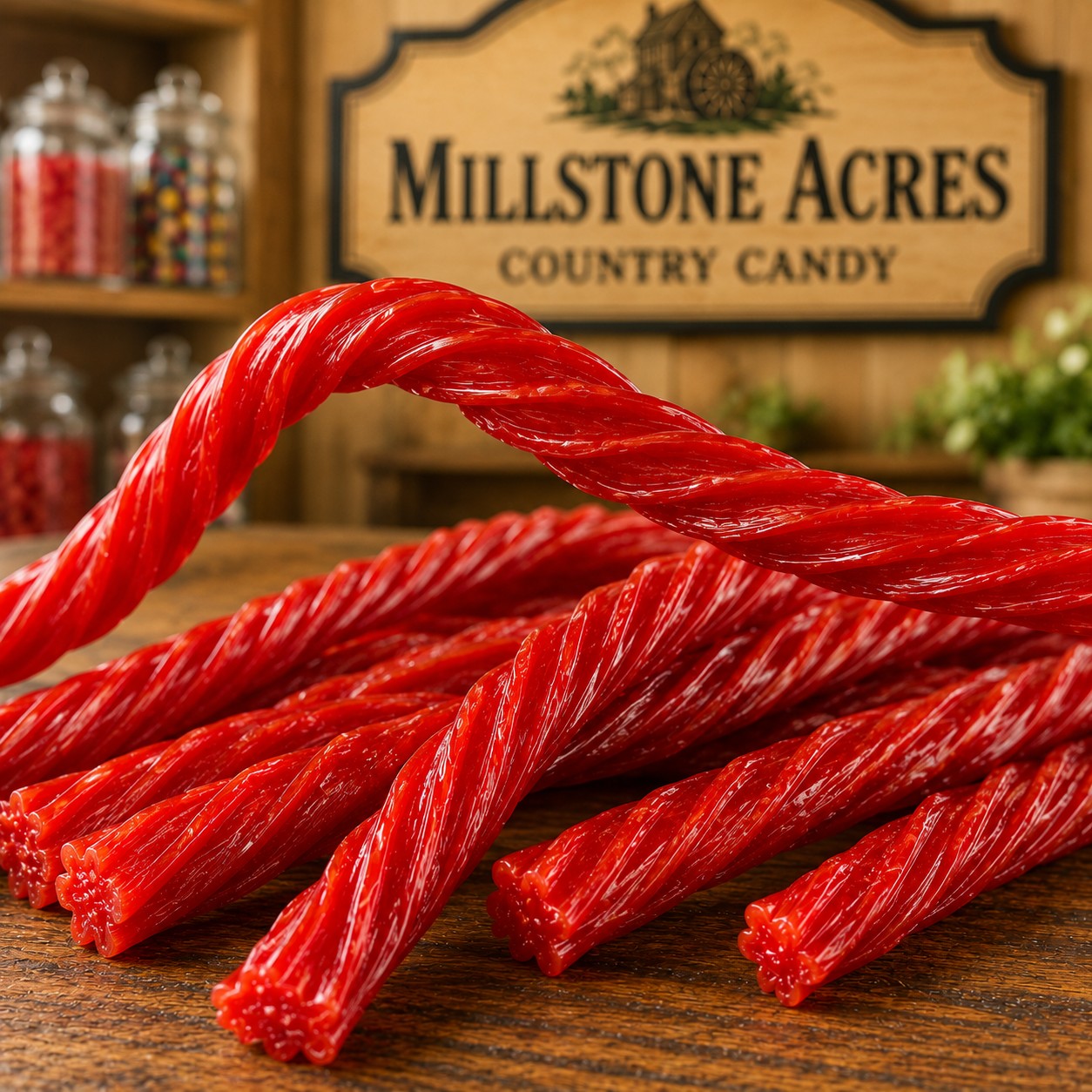 Cinnamon Licorice Twists showing their soft chewy texture on a rustic farmhouse candy counter