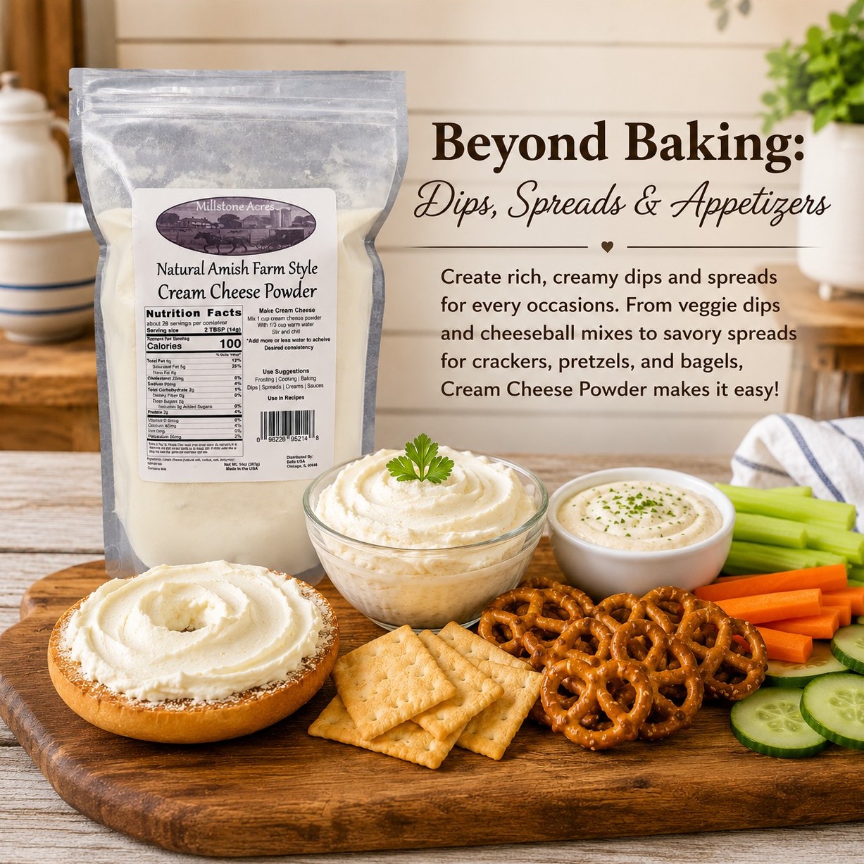 Homemade dips, spreads, cheese balls, and appetizers made with Millstone Acres Cream Cheese Powder.