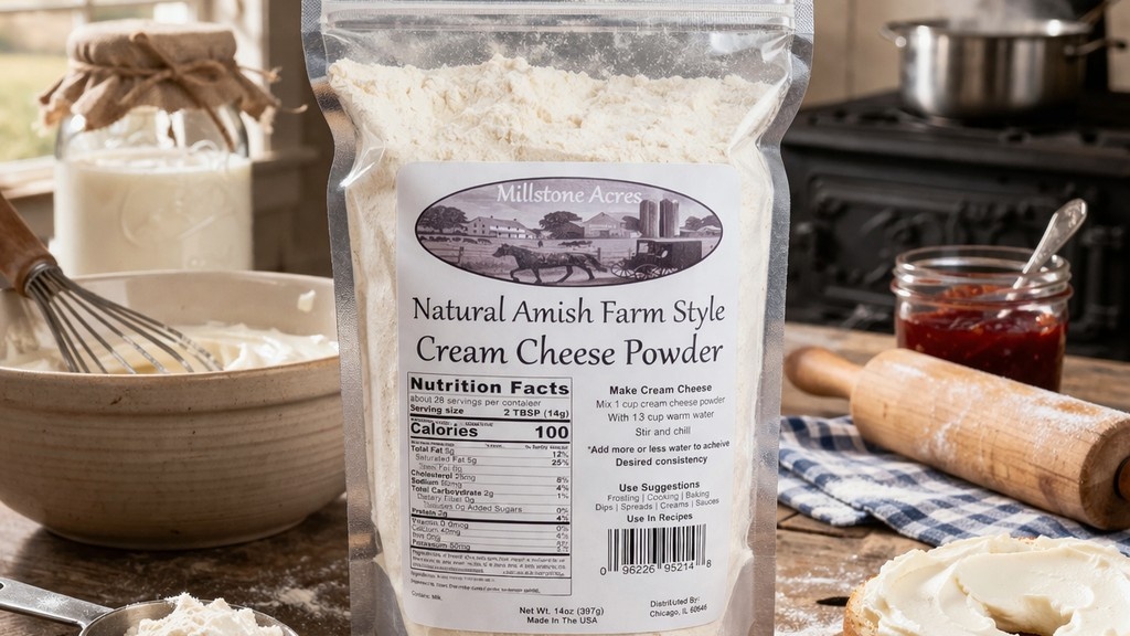 Millstone Acres Cream Cheese Powder with freshly prepared cream cheese spread on a bagel in a farmhouse kitchen.