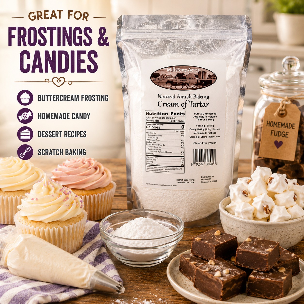 Millstone Acres Cream of Tartar displayed with buttercream frosting, cupcakes, homemade fudge, candies, and baking ingredients in a farmhouse kitchen.