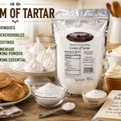 Millstone Acres Cream of Tartar displayed with meringues, snickerdoodle cookies, frosting, homemade baking powder ingredients, and baking supplies in a bright farmhouse kitchen.