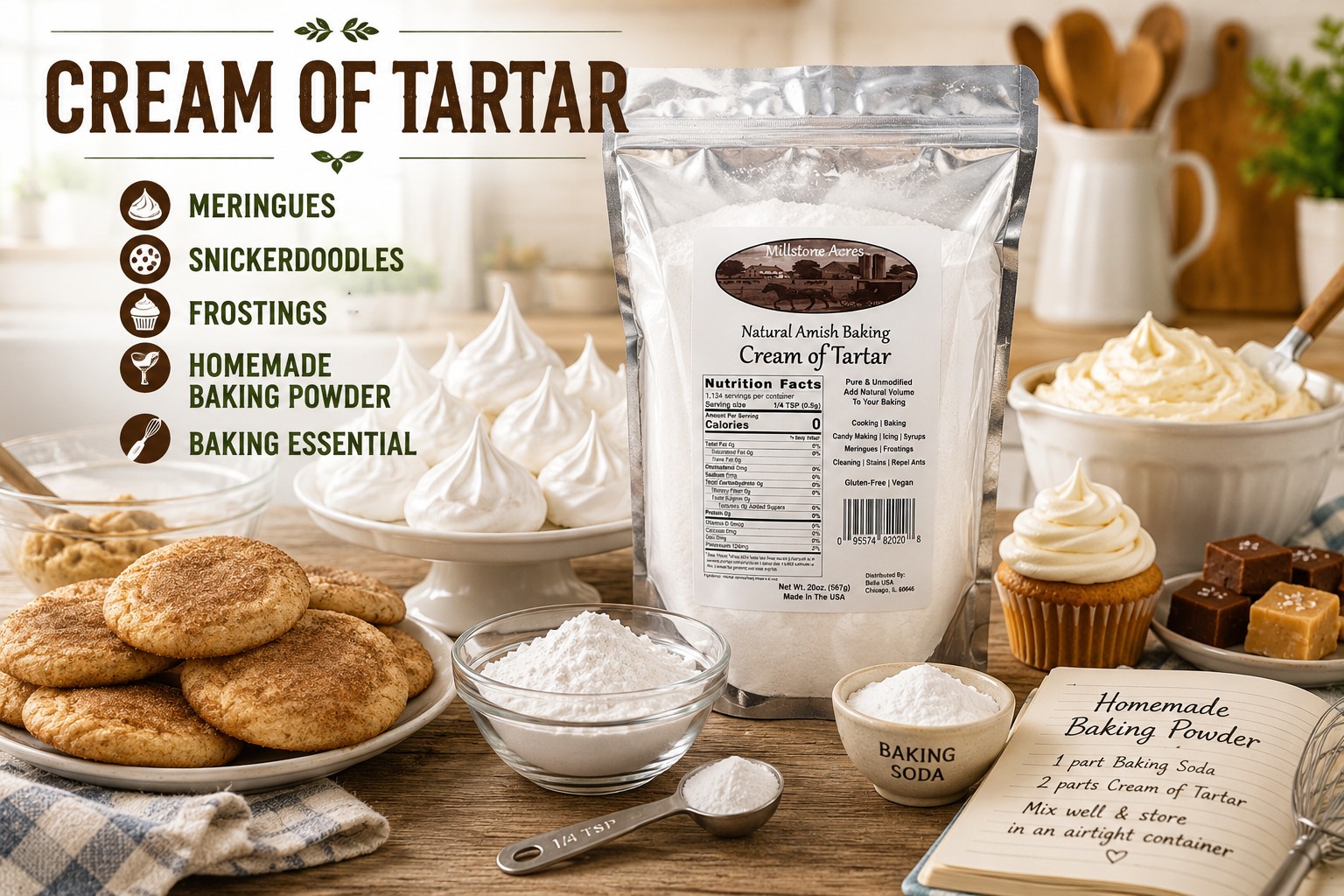 Millstone Acres Cream of Tartar displayed with meringues, snickerdoodle cookies, frosting, homemade baking powder ingredients, and baking supplies in a bright farmhouse kitchen.