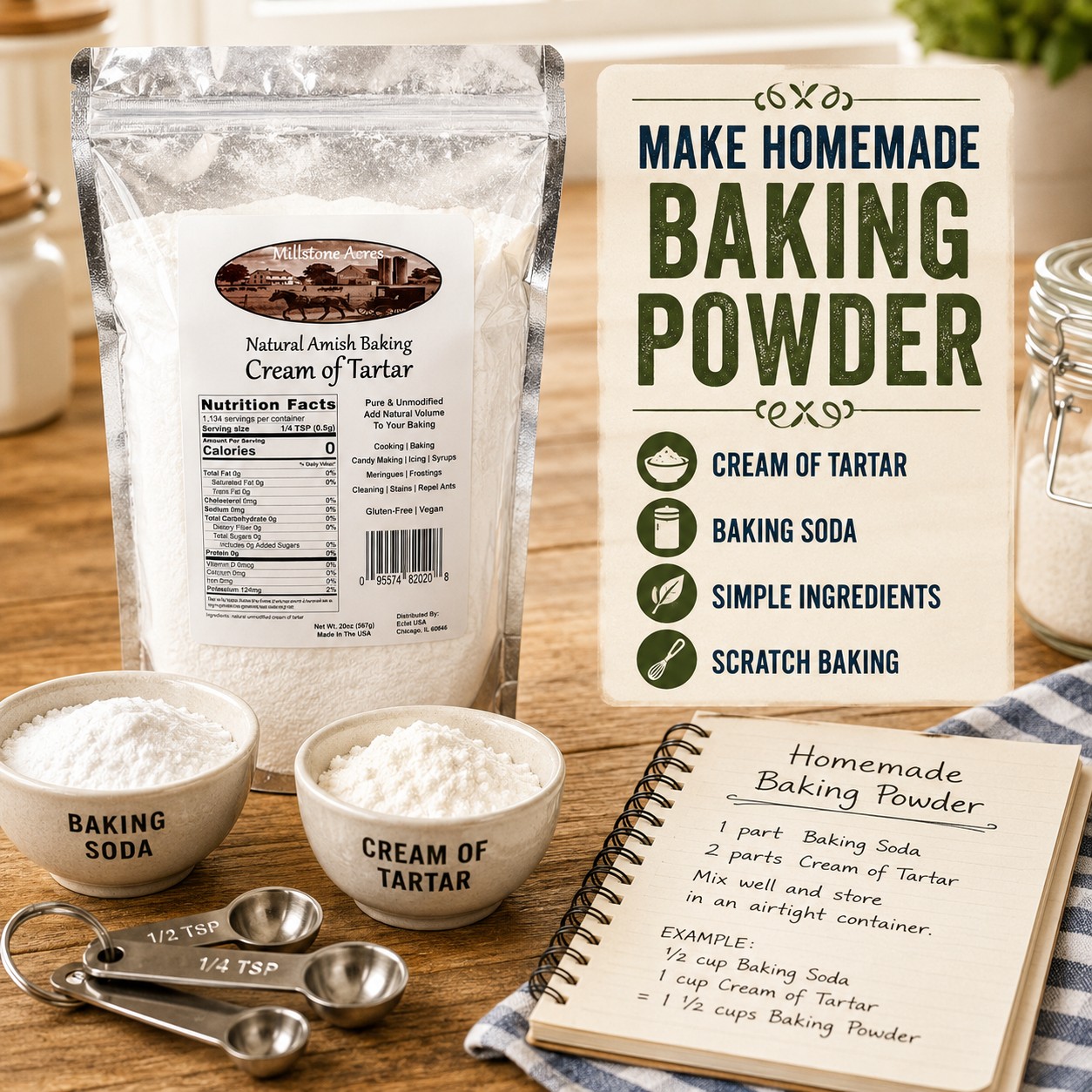 Millstone Acres Cream of Tartar displayed with baking soda, measuring spoons, homemade baking powder recipe notebook, and baking ingredients in a farmhouse kitchen.