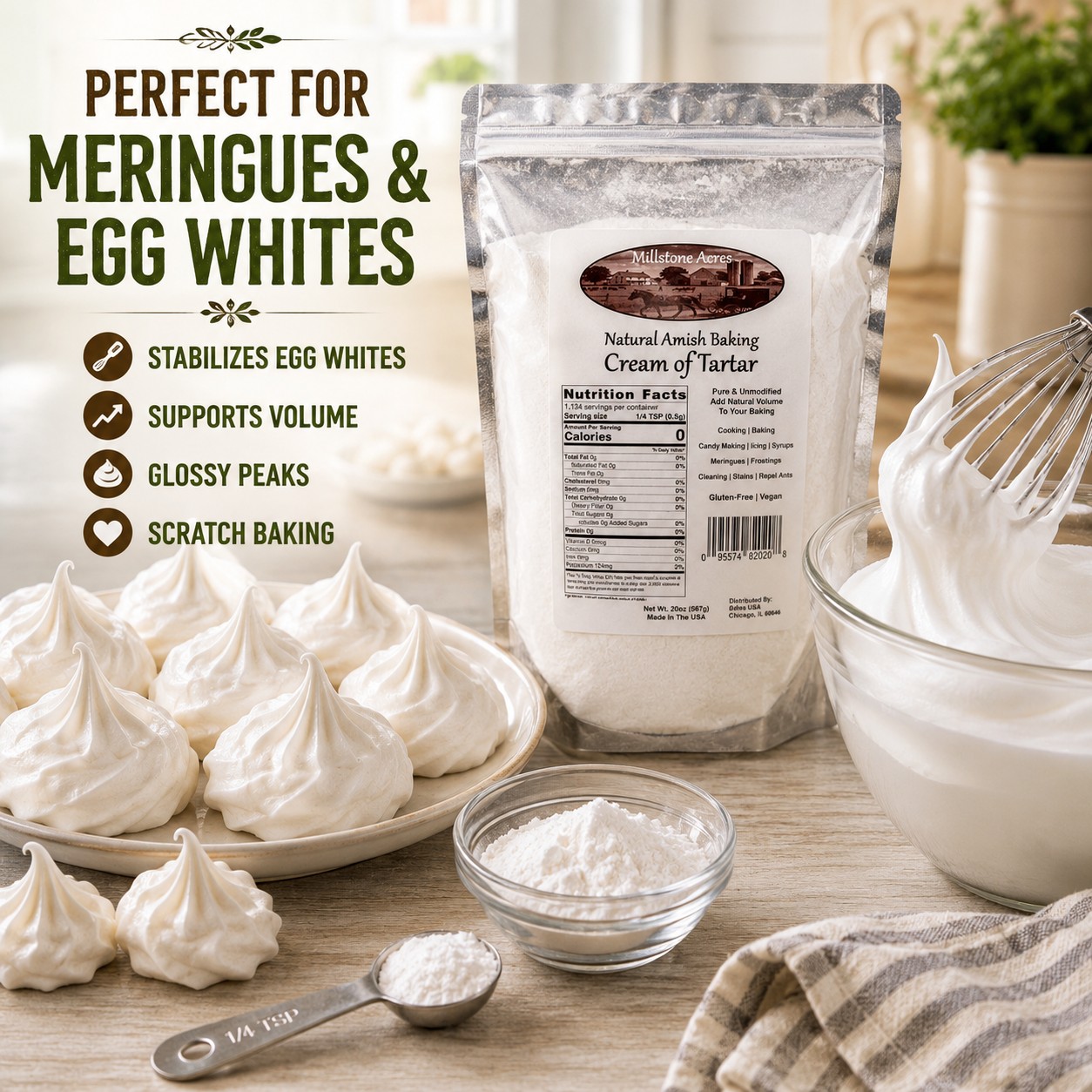 Millstone Acres Cream of Tartar displayed with whipped egg whites, glossy meringue peaks, meringue cookies, and baking tools in a farmhouse kitchen.