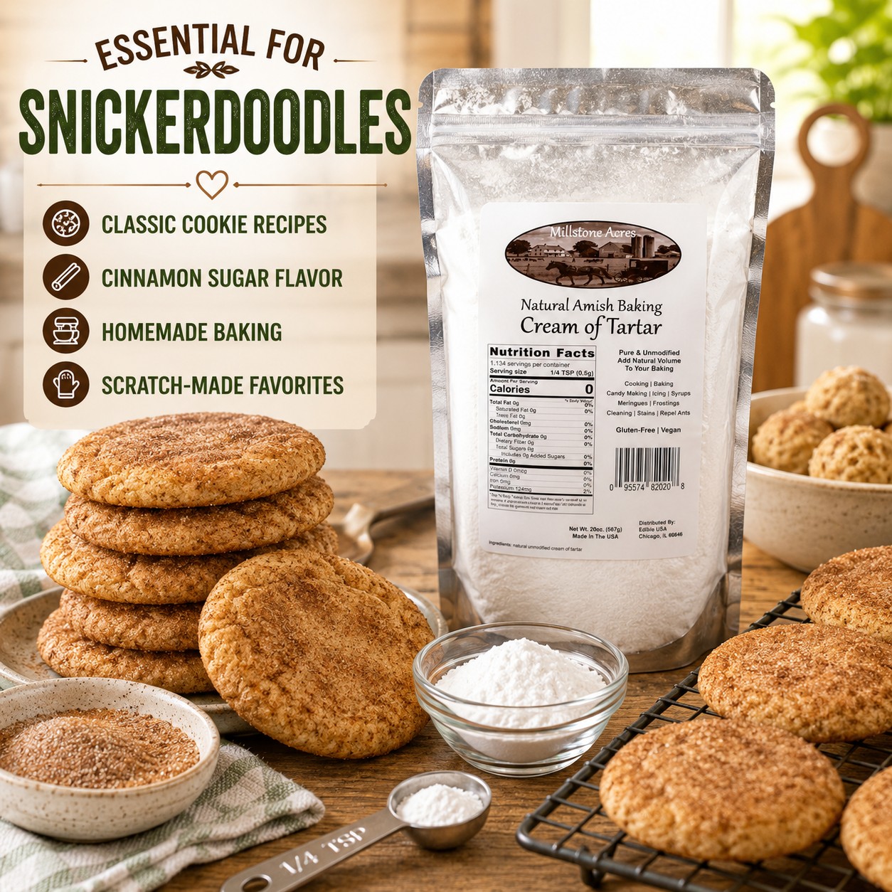 Millstone Acres Cream of Tartar displayed with homemade snickerdoodle cookies, cinnamon sugar, cookie cooling rack, and baking ingredients in a farmhouse kitchen.