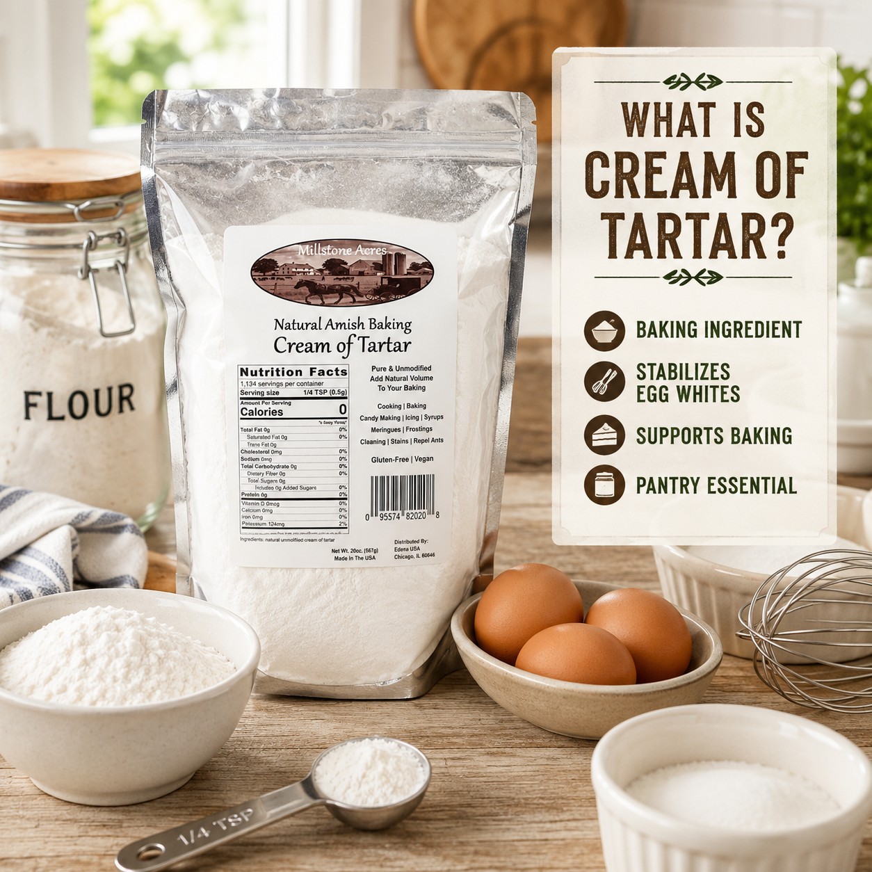 Millstone Acres Cream of Tartar displayed with eggs, baking ingredients, measuring spoon, whisk, and cream of tartar powder in a farmhouse kitchen.