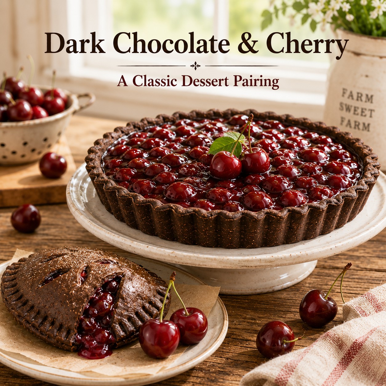 Dark chocolate cherry tart and cherry hand pie made with Dark Chocolate Pie Crust Mix