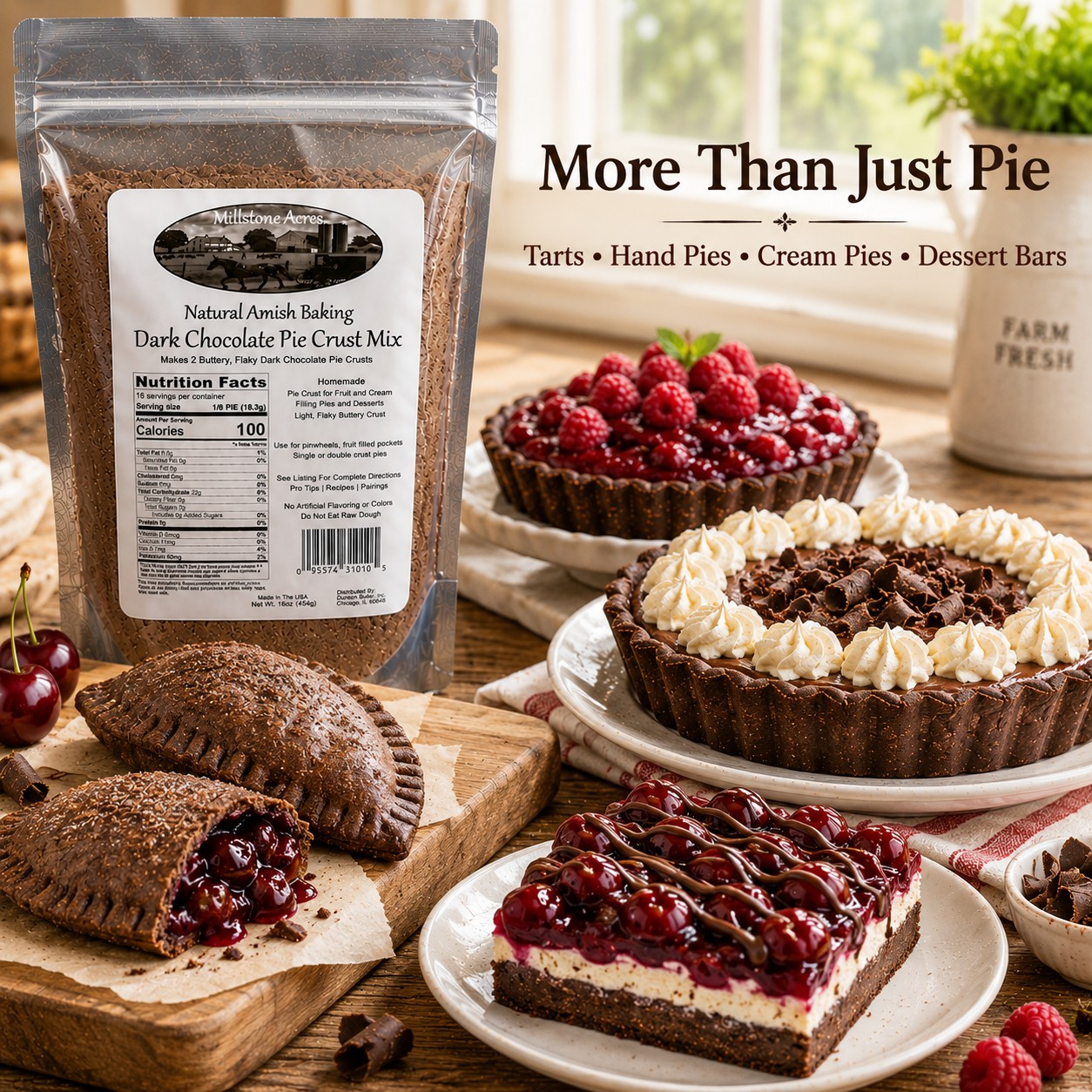 Dark chocolate hand pies, tartlets, cream pies, cheesecakes, and dessert bars made with Dark Chocolate Pie Crust Mix