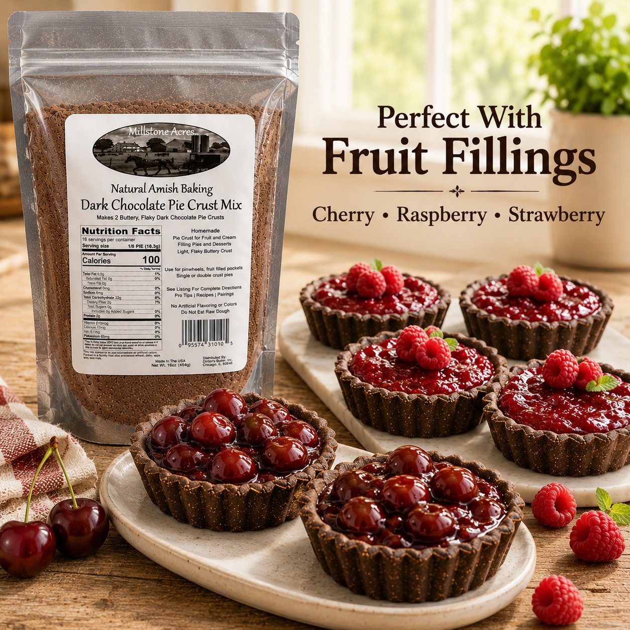 Dark chocolate fruit tartlets with cherry and raspberry fillings made using Dark Chocolate Pie Crust Mix