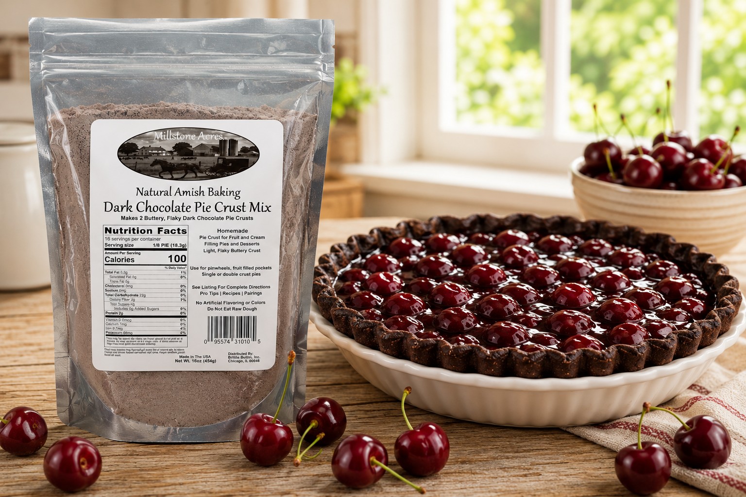 Millstone Acres Dark Chocolate Pie Crust Mix beside a homemade cherry tart with a rich dark chocolate crust in a bright farmhouse kitchen