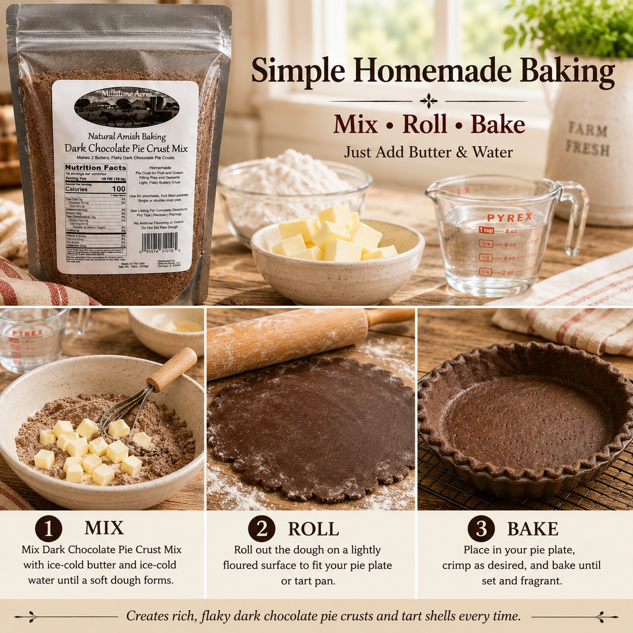 Preparing Dark Chocolate Pie Crust Mix by mixing, rolling, and baking a homemade dark chocolate pie crust