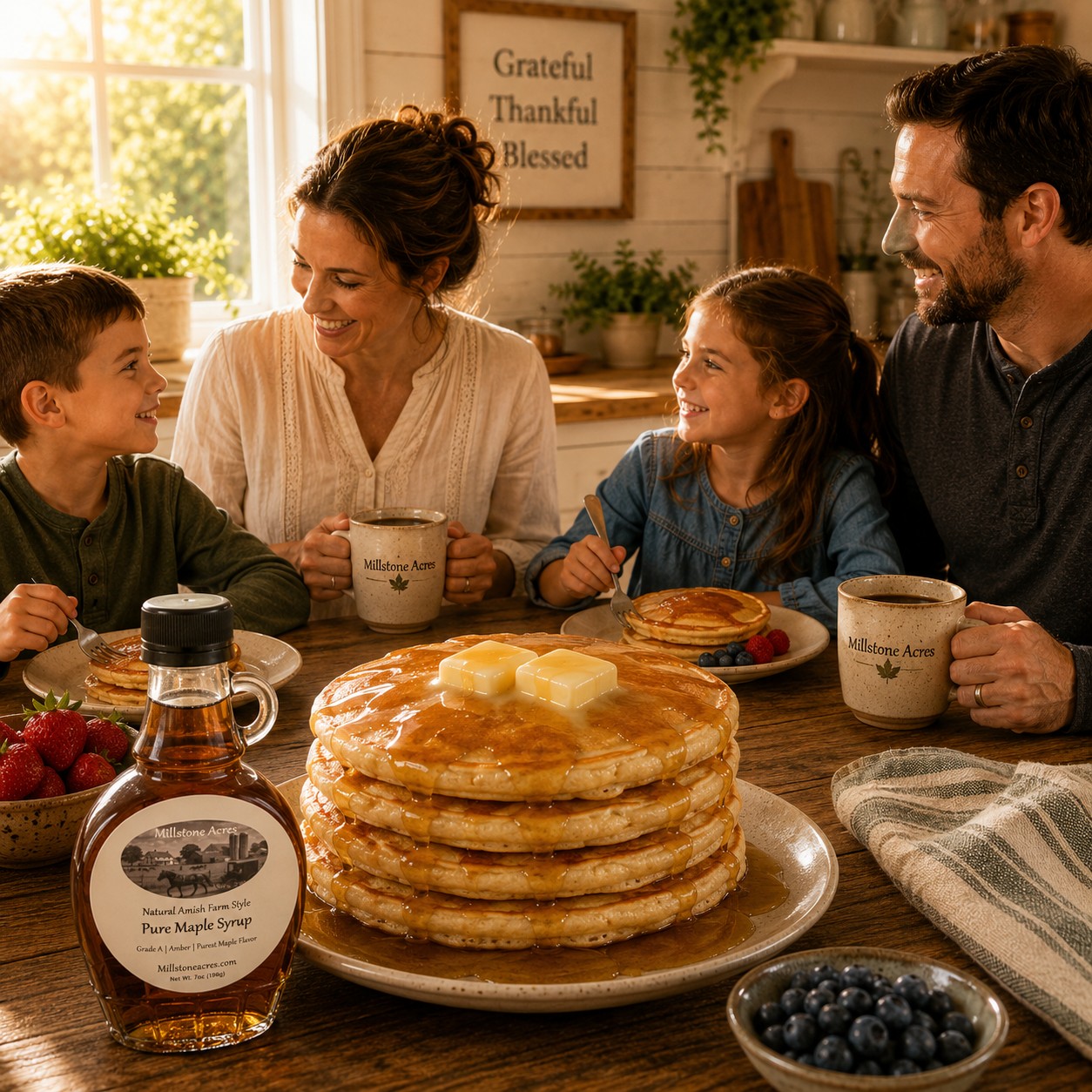 Homemade buttermilk pancakes with two melting pats of butter, pure maple syrup, and fresh breakfast toppings.