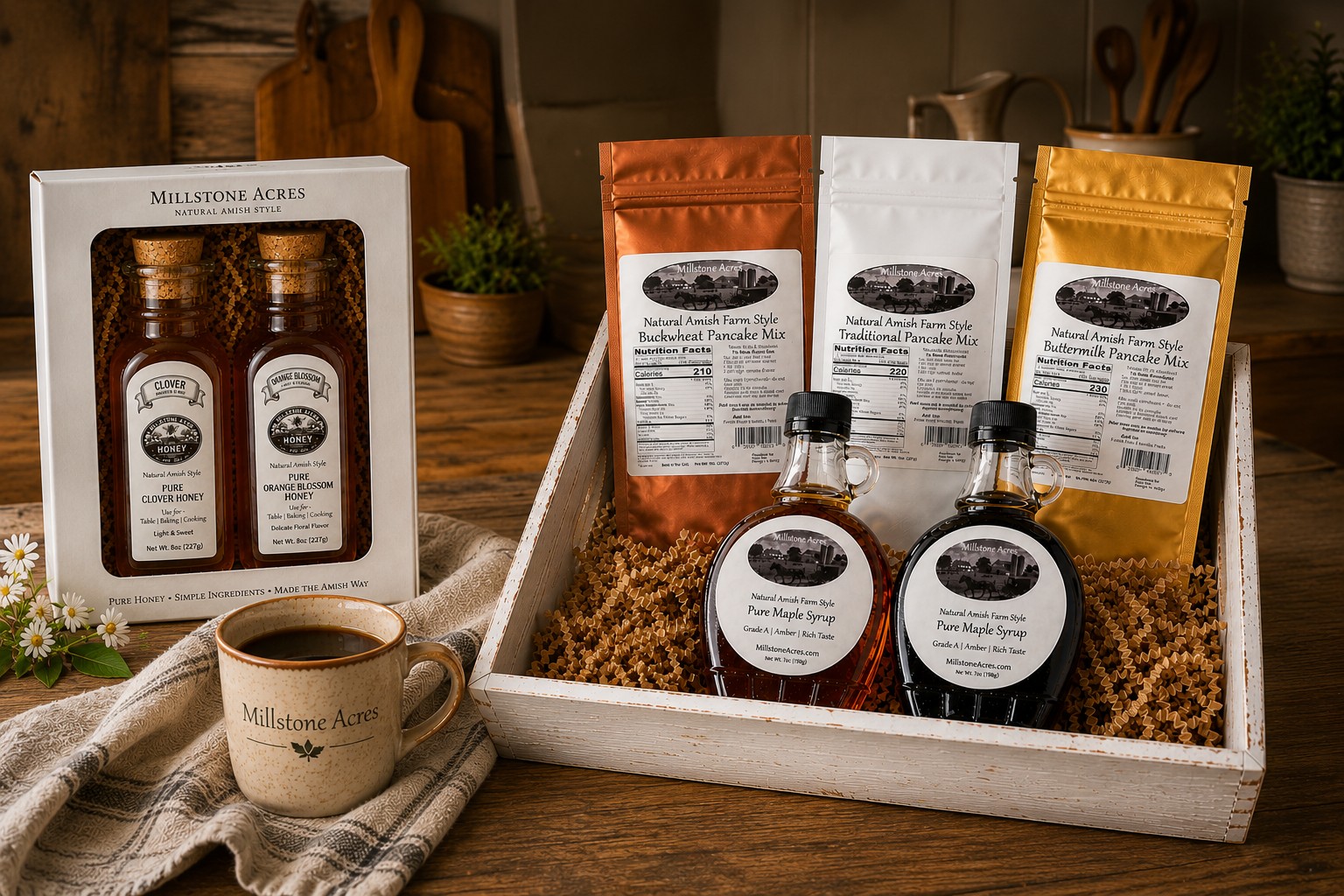 Millstone Acres farmhouse gift sets featuring pancake mixes, maple syrup, honey gift boxes, and natural pantry favorites