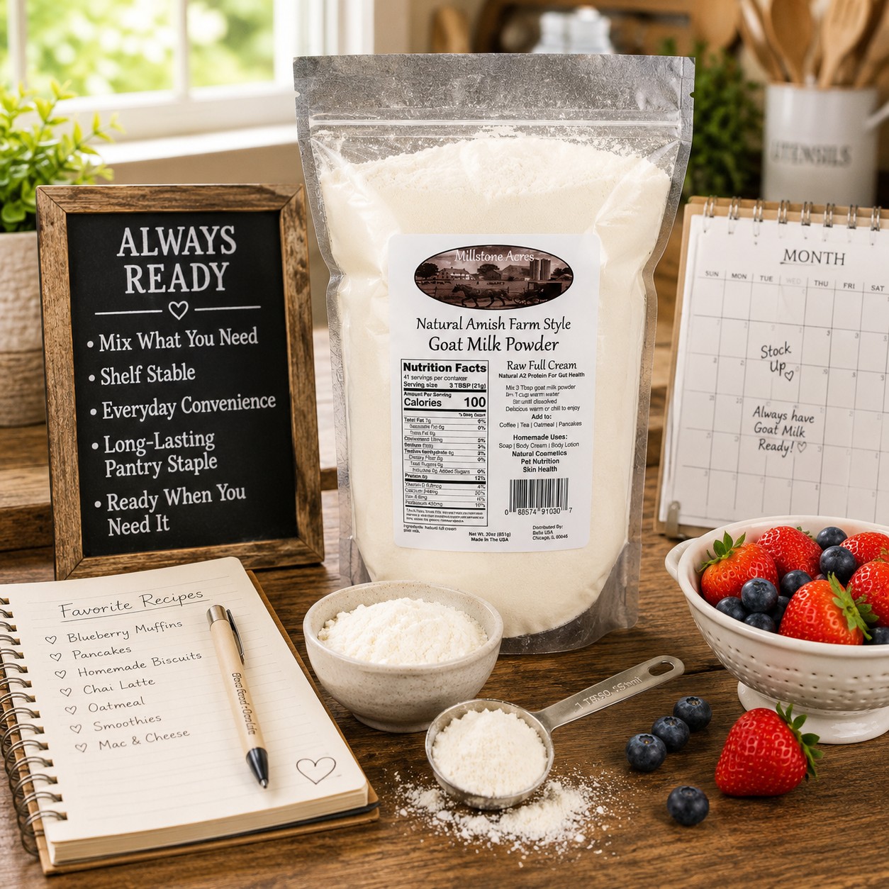 Millstone Acres Full Cream Goat Milk Powder displayed with recipe notebook, measuring scoop, fresh berries, and kitchen planning tools in a bright farmhouse kitchen.