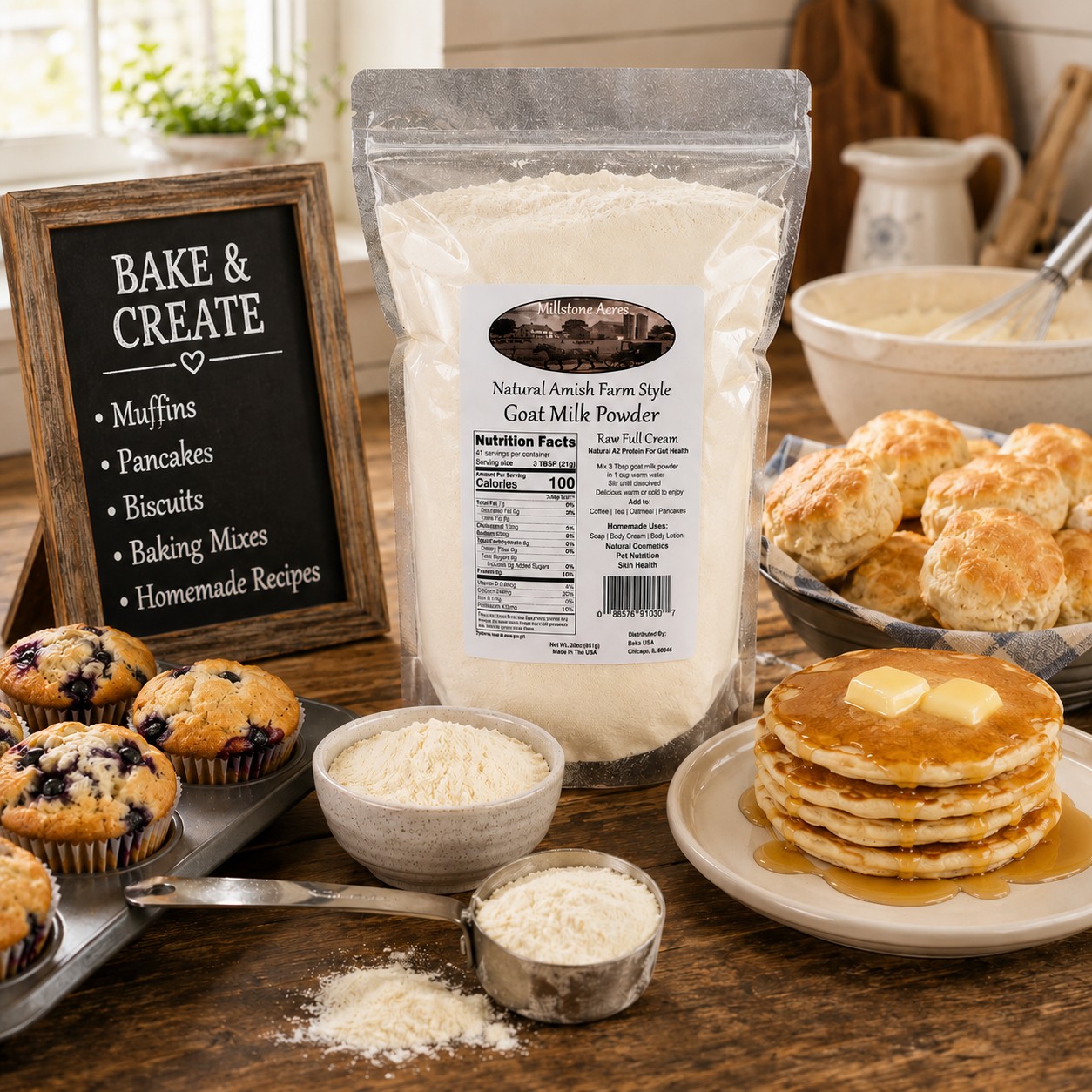 Millstone Acres Full Cream Goat Milk Powder displayed with blueberry muffins, buttery pancakes, fresh biscuits, baking ingredients, and homemade recipes in a farmhouse kitchen.