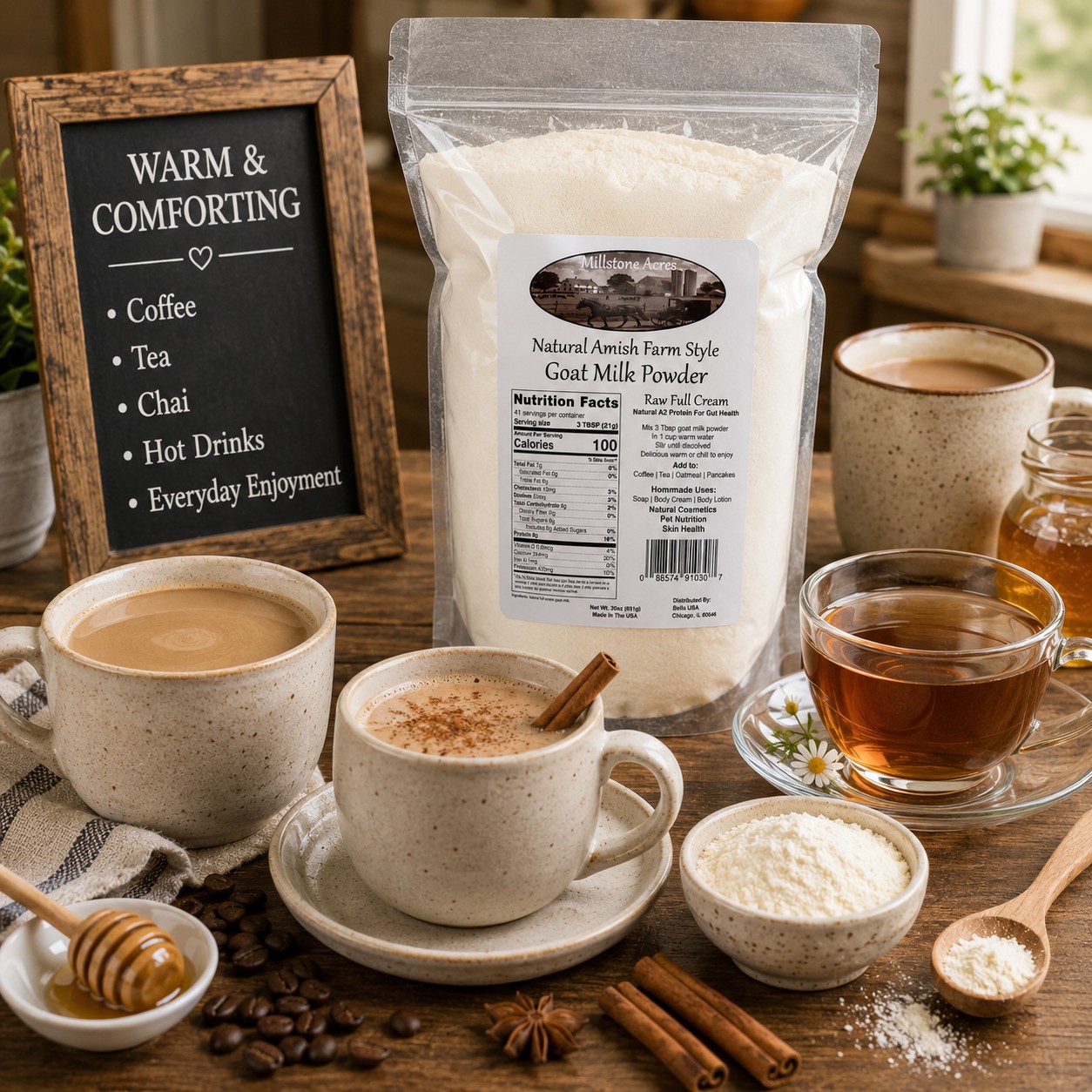 Millstone Acres Full Cream Goat Milk Powder displayed with coffee, chai, tea, honey, cinnamon, and goat milk powder in a farmhouse kitchen.