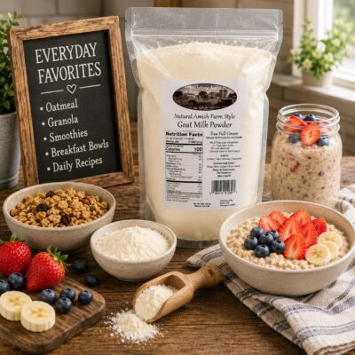 millstone-acres-full-cream-goat-milk-powder-everyday-breakfast-square Millstone Acres Full Cream Goat Milk Powder displayed with oatmeal, granola, overnight oats, fresh berries, bananas, and breakfast foods in a farmhouse kitchen.