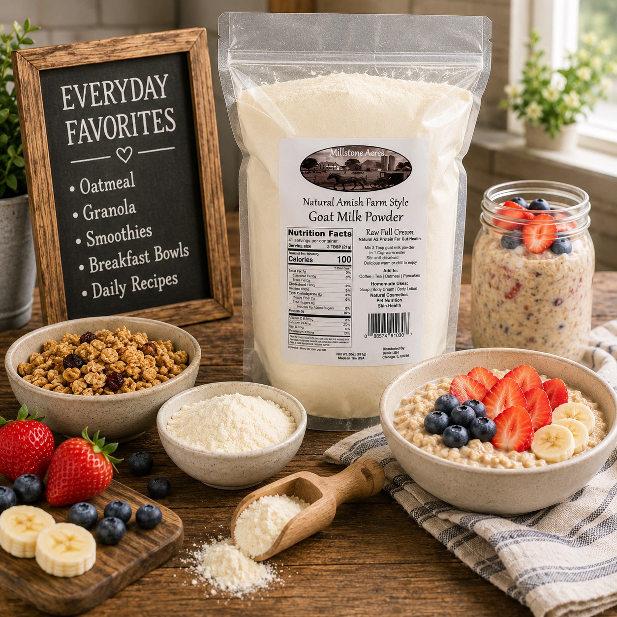 Millstone Acres Full Cream Goat Milk Powder displayed with oatmeal, granola, overnight oats, fresh berries, bananas, and breakfast foods in a farmhouse kitchen.