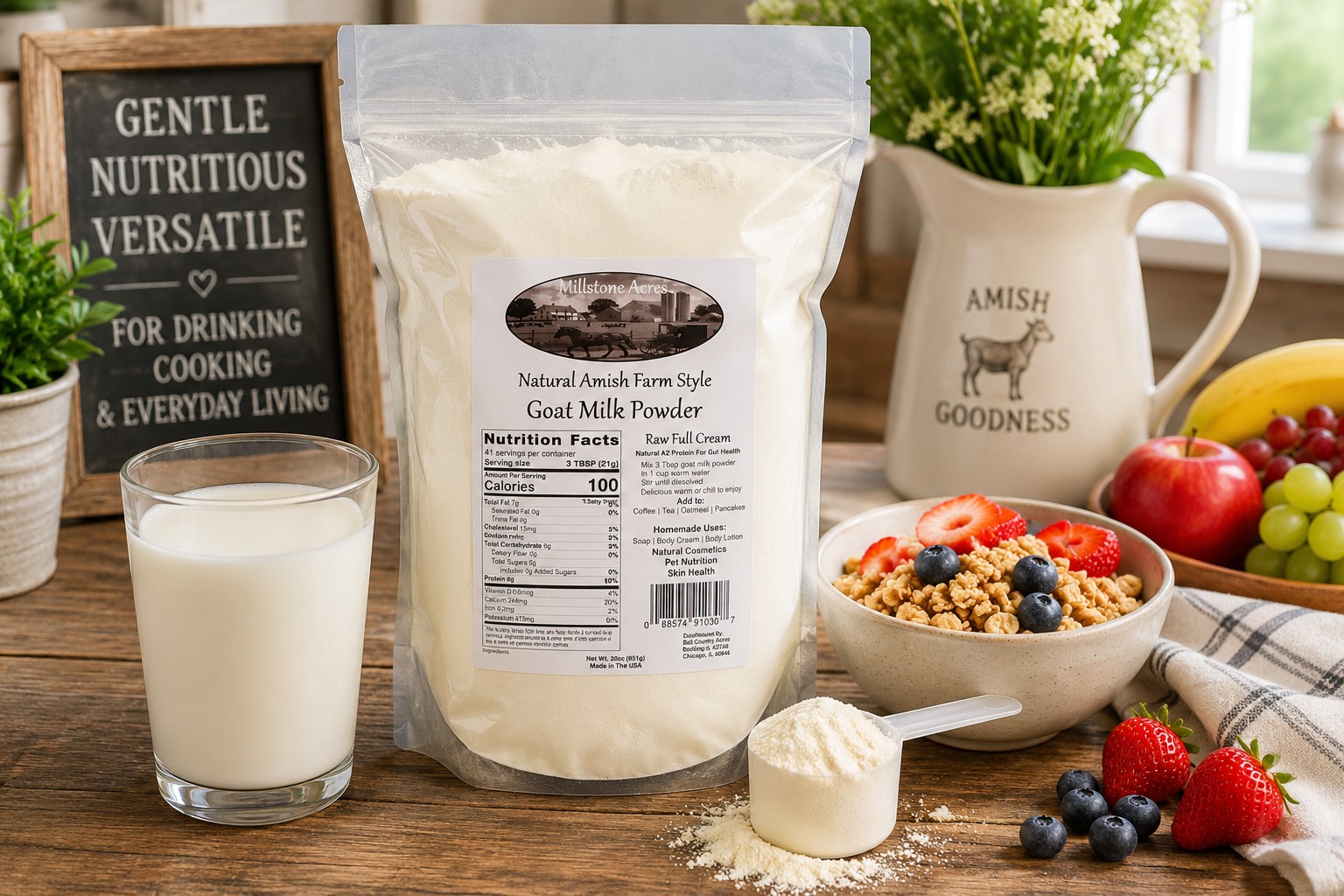 Millstone Acres Full Cream Goat Milk Powder displayed with prepared goat milk, granola, berries, and fresh fruit in a bright farmhouse kitchen.