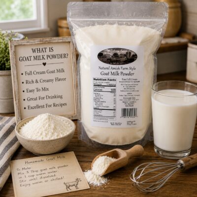 Millstone Acres Full Cream Goat Milk Powder displayed with prepared goat milk, goat milk powder, scoop, whisk, and educational sign in a farmhouse kitchen.