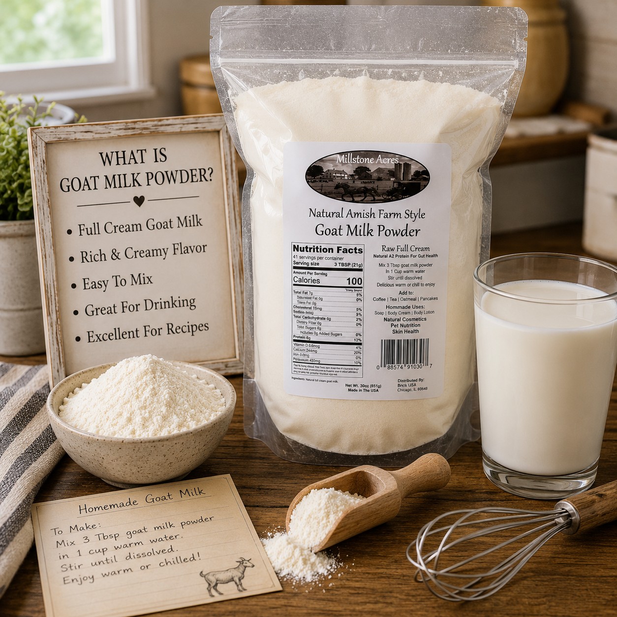 Millstone Acres Full Cream Goat Milk Powder displayed with prepared goat milk, goat milk powder, scoop, whisk, and educational sign in a farmhouse kitchen.