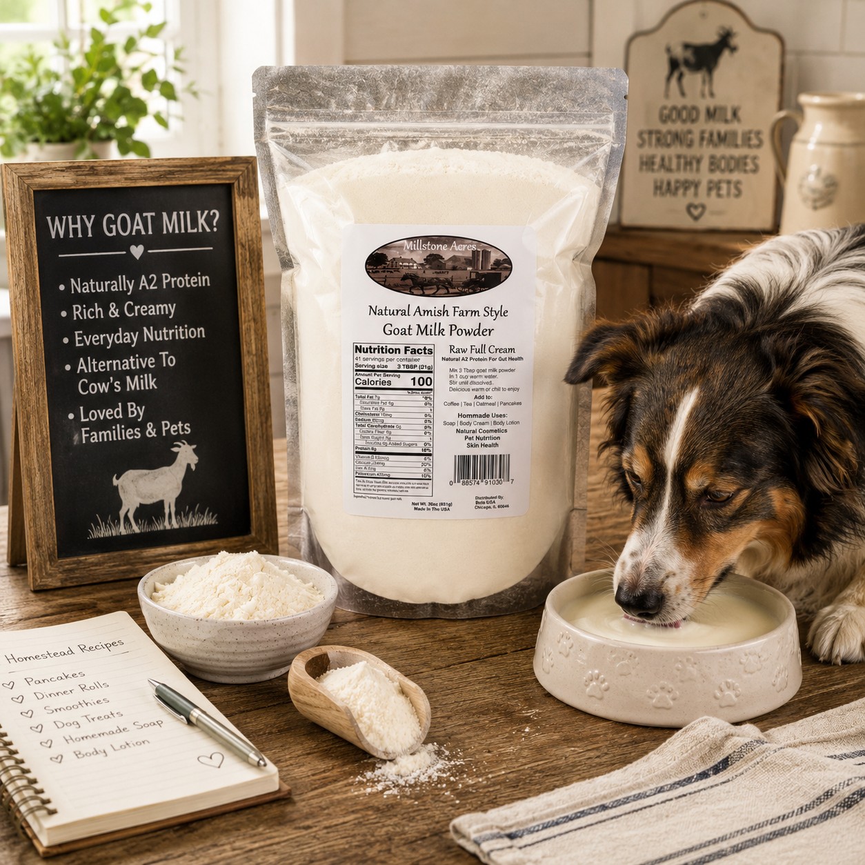 Millstone Acres Full Cream Goat Milk Powder displayed with a farm dog drinking prepared goat milk, goat milk powder, recipe notebook, and farmhouse sign explaining the benefits of goat milk.