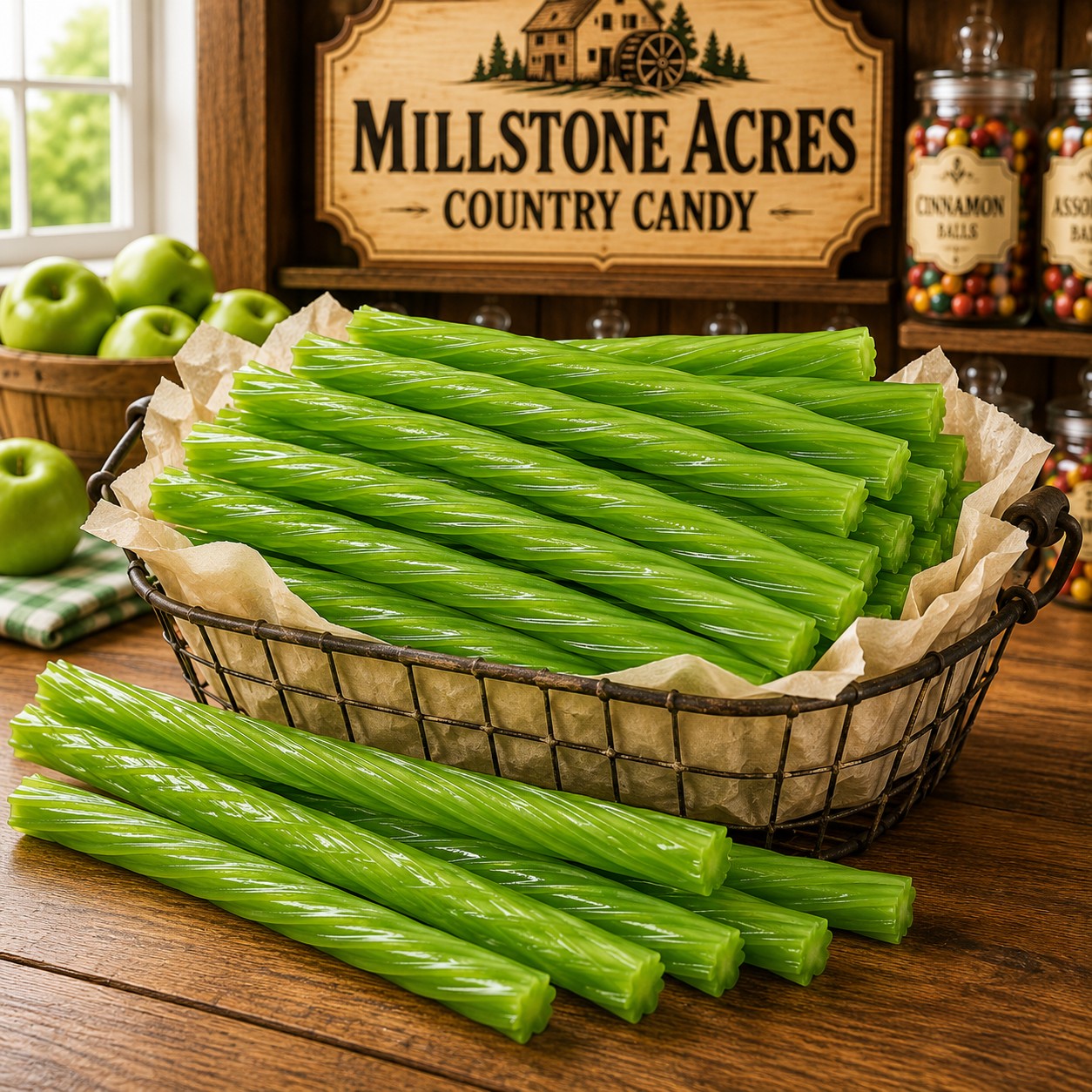 Green Apple Licorice Twists displayed in a vintage wire candy basket lined with butcher paper