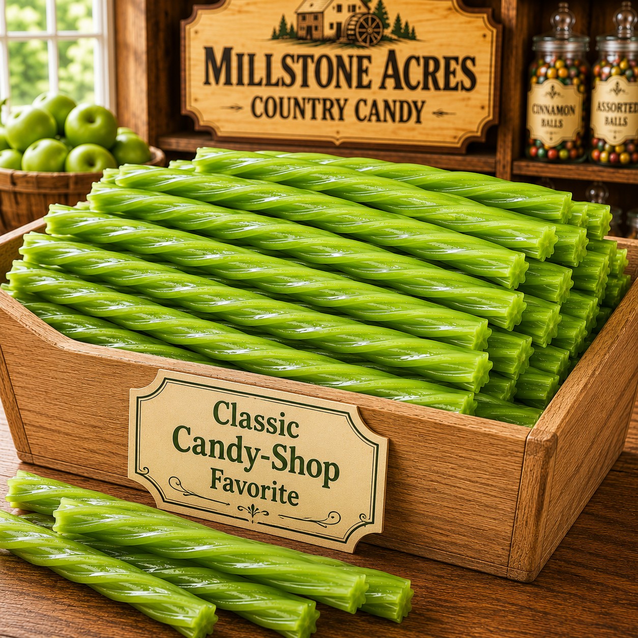 Green Apple Licorice Twists displayed in a light oak candy bin inside a bright country candy shop