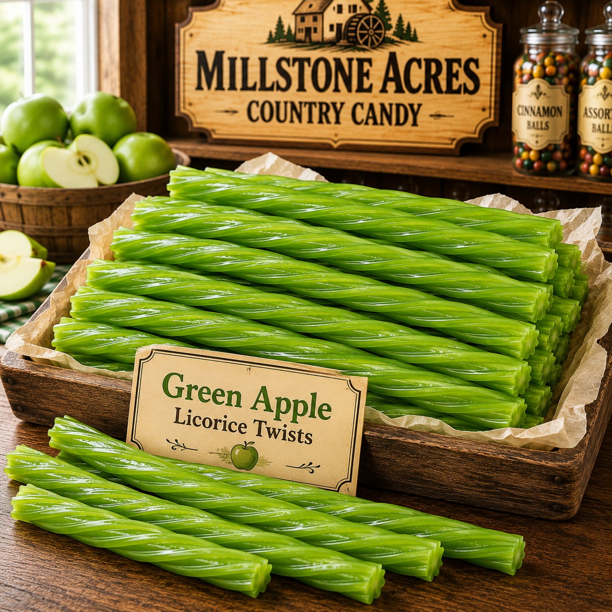 Green Apple Licorice Twists displayed in a rustic candy tray with a vintage flavor card and green apple accents